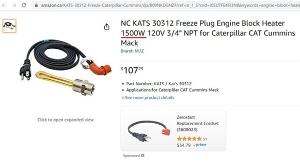 Wattage Of A Block Heater