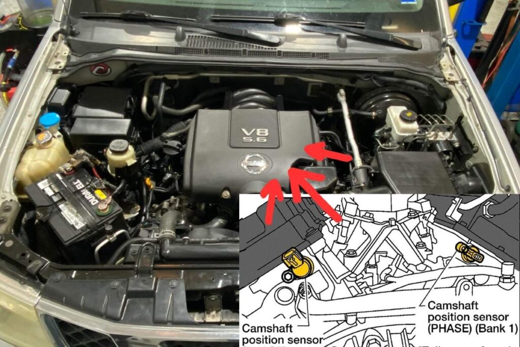 camshaft position sensor on a 2005 Nissan Frontier is typically located on the front of the engine, near the valve cover